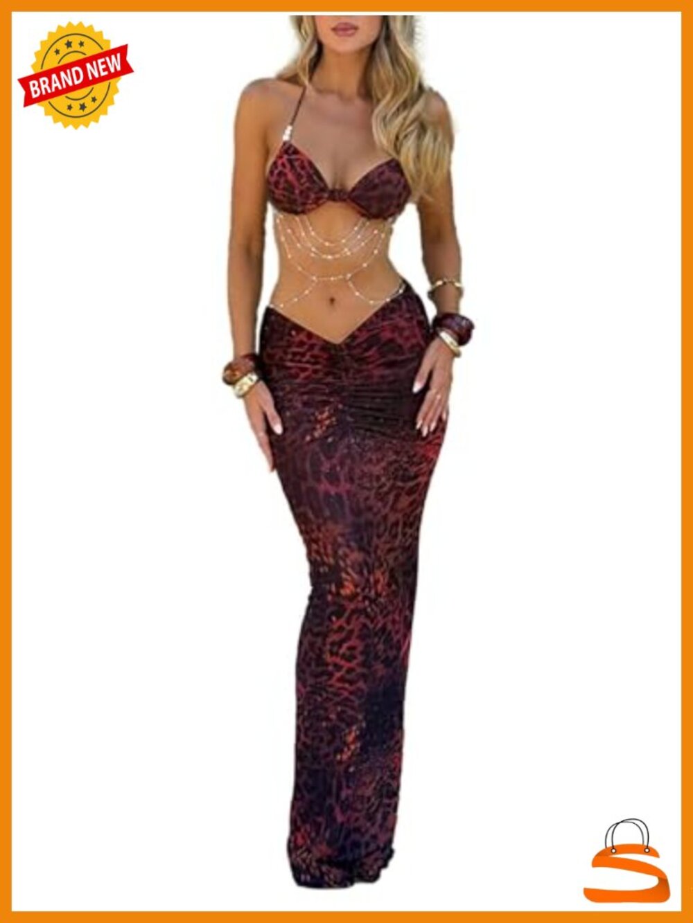 Women's 2 Piece Maxi Skirt Set Halter Crop Top Ruched Bodycon Pearls Chain